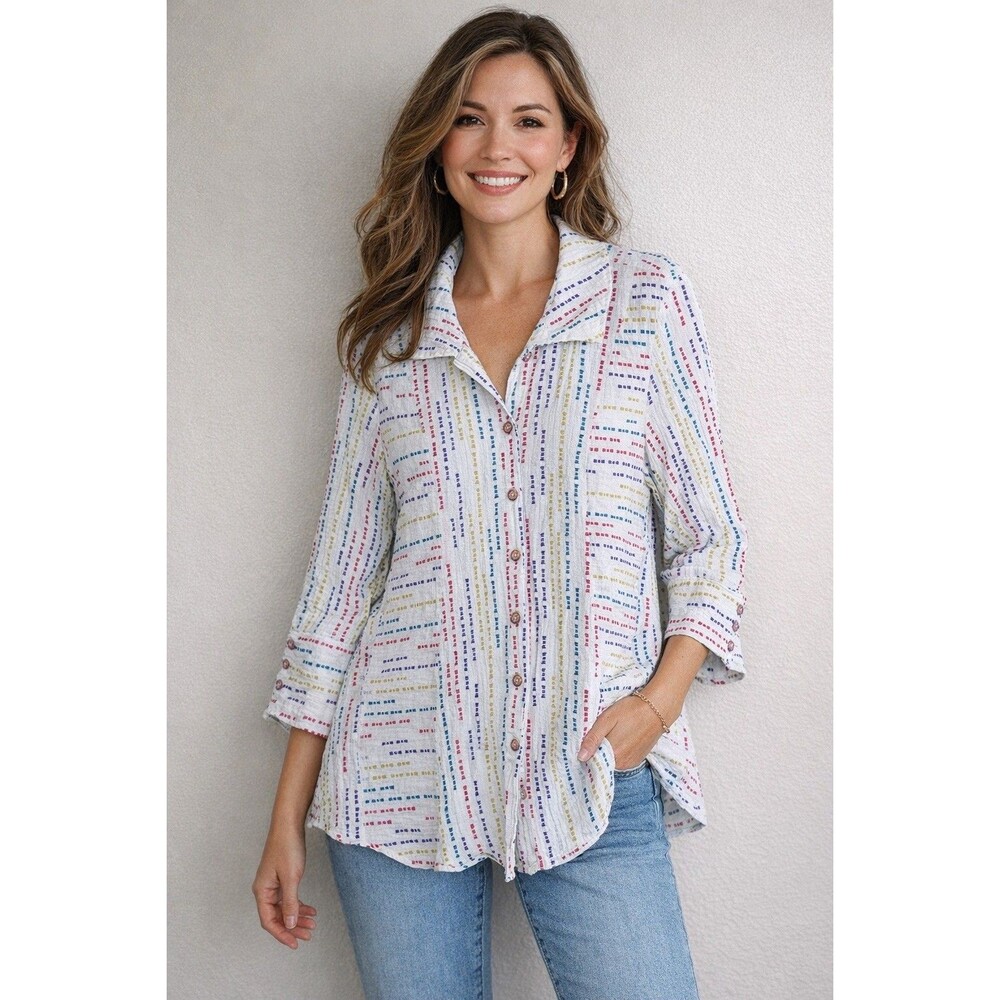 Habitat Top Womens Medium Lagenlook Artsy Button Up Scarf Print 3/4 Sleeve M